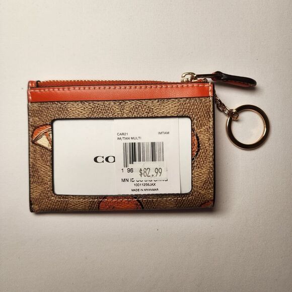 NWT Coach CAR21 Mini Skinny Id Case In Signature Canvas With Orange Print In Tan - Picture 4 of 5